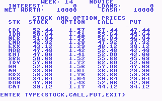 Millionaire: The Stock Market Simulation (Commodore 64) screenshot: Select stock to buy (Call and Put are can't be bought while you ar Novice)