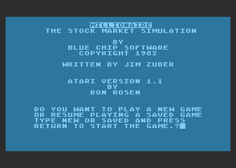Millionaire: The Stock Market Simulation (Atari 8-bit) screenshot: Title Screen