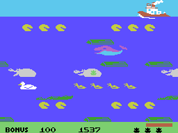 Frogger II: ThreeeDeep! (ColecoVision) screenshot: Try to reach the tugboat