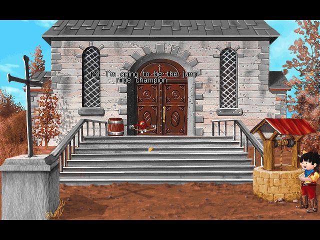 Hariboy's Quest (DOS) screenshot: Meeting a jelly in front of the church