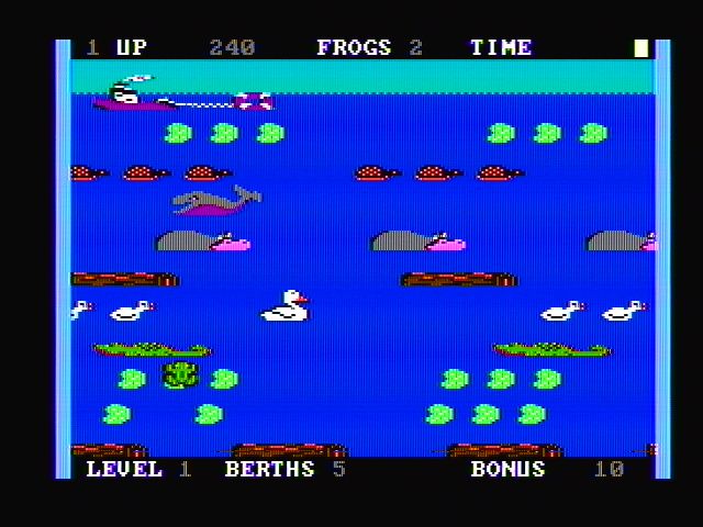 Frogger II: ThreeeDeep! (PC Booter) screenshot: Hop across to the tug boat (PCjr with composite monitor)
