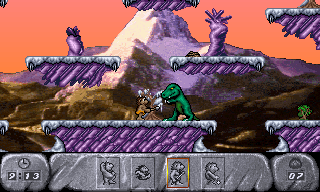 The Humans: Insult to Injury (DOS) screenshot: Fighting with spear in winter level.