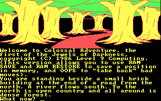 Jewels of Darkness (DOS) screenshot: Starting screen for Colossal Adventure (CGA 4-color)