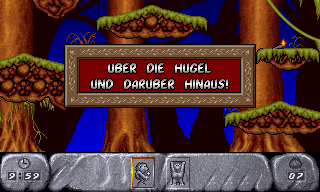 The Humans: Insult to Injury (DOS) screenshot: First appears level name.
