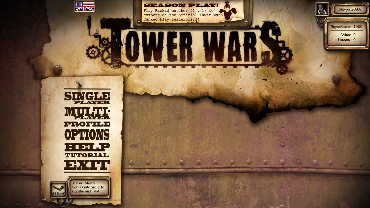 Tower Wars (Windows) screenshot: Main menu