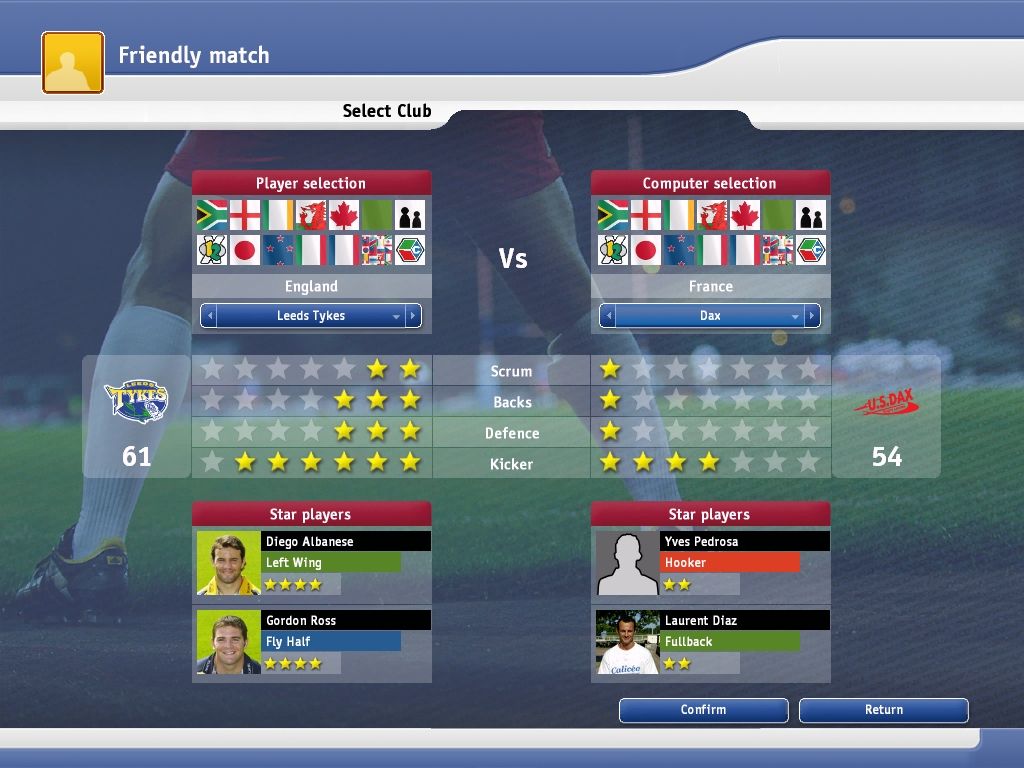 Pro Rugby Manager 2005 (Windows) screenshot: Playing a friendly match, the club selection screen. Again this is identical to Pro Rugby Manager 2. Not all players have pictures on file