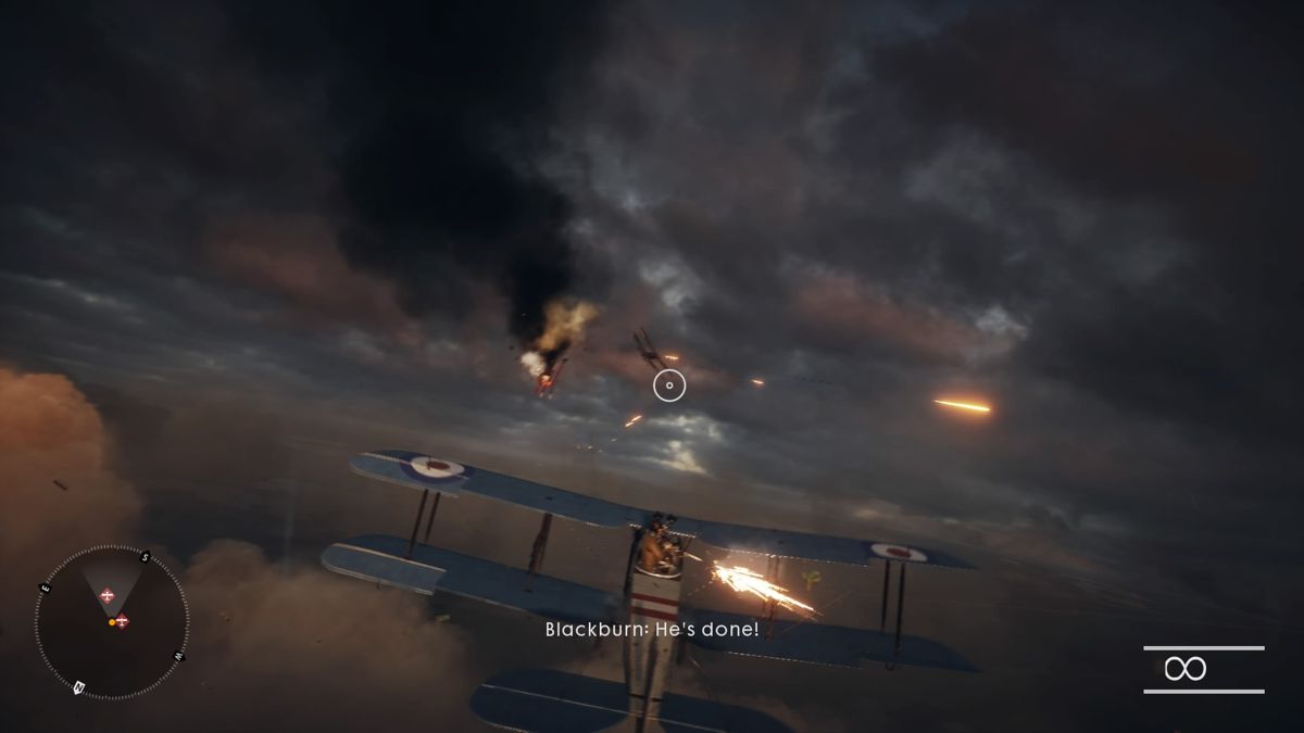 Battlefield 1 (PlayStation 4) screenshot: Your gunner is rather busy in keeping German planes off your tail