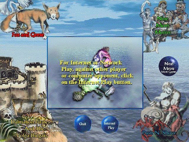 Internet Board Games: Network Edition (Windows) screenshot: The game's third menu screen features Fox & Geese, Nine men's Morris, Push 'N Shove and Dalmation Pirates.