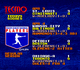 Tecmo Super Baseball (Genesis) screenshot: Scores from the regular season