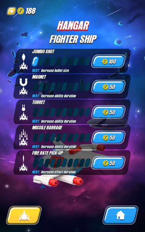Galaga: Wars (Android) screenshot: Coins can be used to upgrade the power-ups.