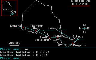 Crosscountry Canada (DOS) screenshot: Examining the routes in Northern Ontario
