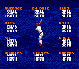 Tecmo Super Baseball (Genesis) screenshot: All the batting categories the game keeps track of.