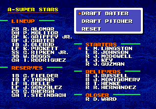 Tecmo Super Baseball (Genesis) screenshot: Draft players to form the all-star team.