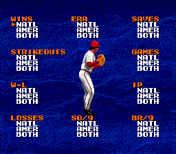 Tecmo Super Baseball (Genesis) screenshot: All the pitching categories the game keeps track of.