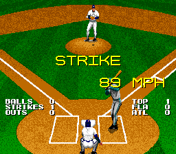 Tecmo Super Baseball (Genesis) screenshot: Throwing a strike.