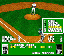 Tecmo Super Baseball (Genesis) screenshot: Choose a type of pitch to throw.