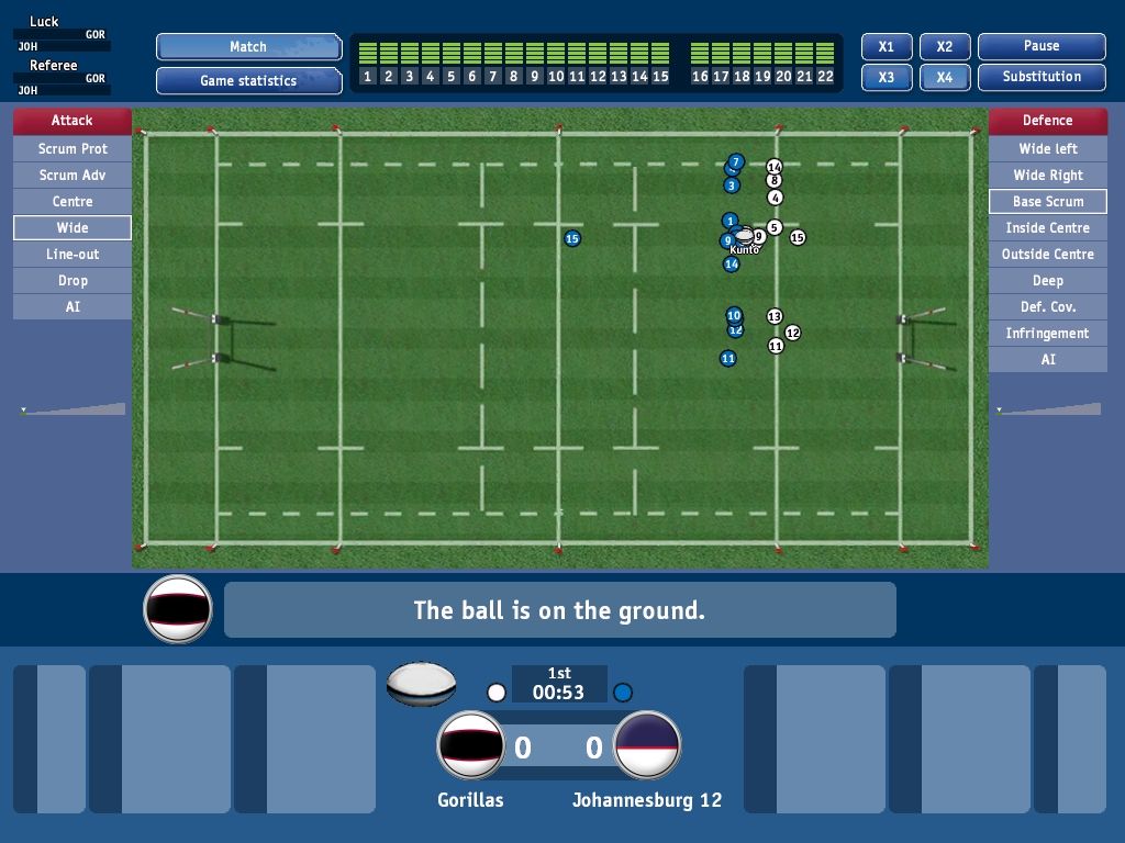 Pro Rugby Manager 2005 (Windows) screenshot: The 2D match view