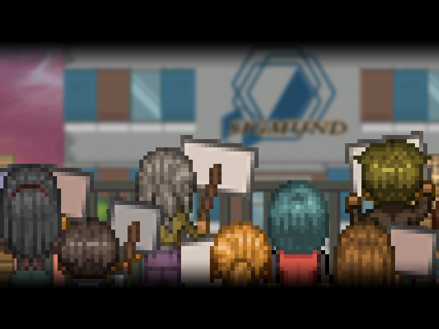 To the Moon: 2013 Holiday Special (Windows) screenshot: A close-up of the protesters outside the gates