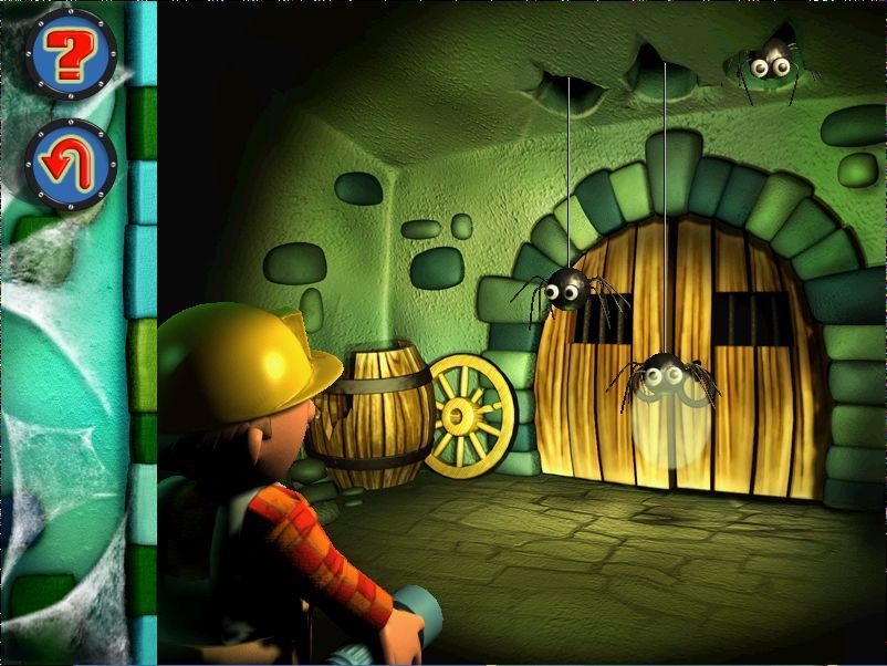Bob the Builder: Bob's Castle Adventure (Windows) screenshot: Spotting Spiders: Bob must chase the spiders back into their holes using torchlight