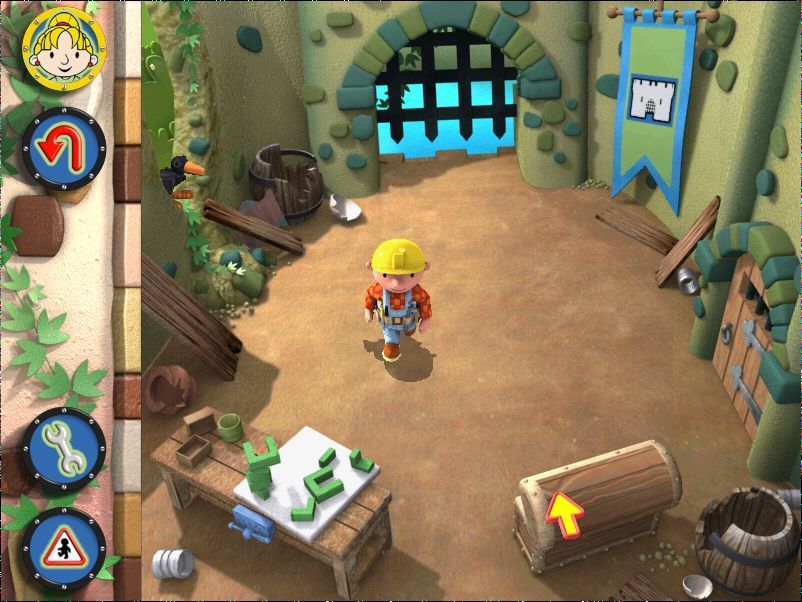 Bob the Builder: Bob's Castle Adventure (Windows) screenshot: The castle courtyard. Hotspots are the hole in the wall (upper left), the maze(lower left), the treasure chest (lower right), the castle doorway (mid right) and the portcullis