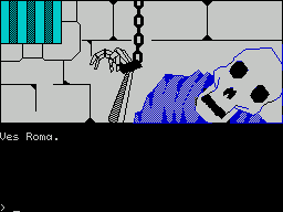 Jabato (ZX Spectrum) screenshot: The game does not keep the typed commands on screen. In response to 'examinar ventana' - 'examine window' the game replies ''Ves Roma" or "You see Rome", but the command has been erased