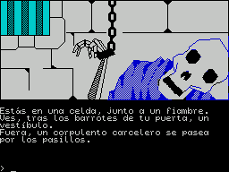 Jabato (ZX Spectrum) screenshot: Screen 1. In a cell next to a deli. You see, behind the bars of your door, a hallway. Outside, a burly prison guard walks through the halls