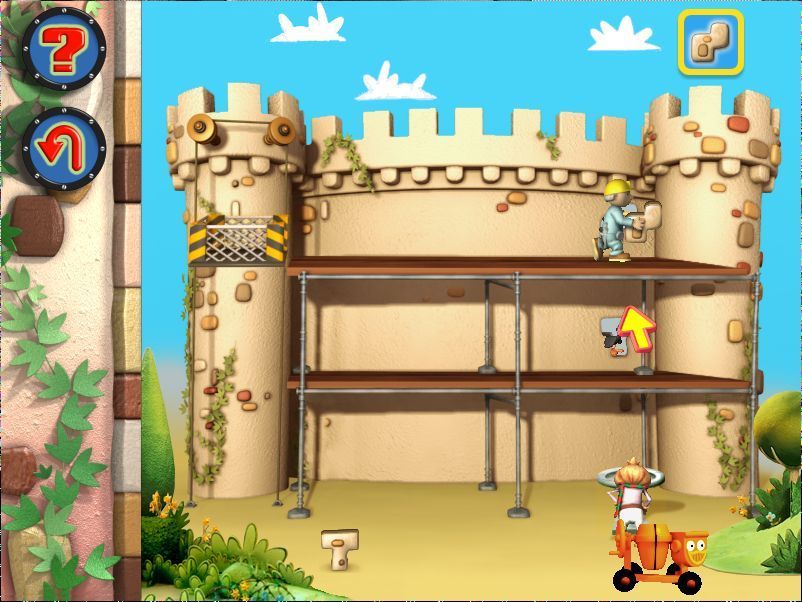 Bob the Builder: Bob's Castle Adventure (Windows) screenshot: Robert Fixes Holes: There are holes in the castle walls which must be fixed but the holes are occupied by crows. The player must deliver of the building blocks when the crow's away