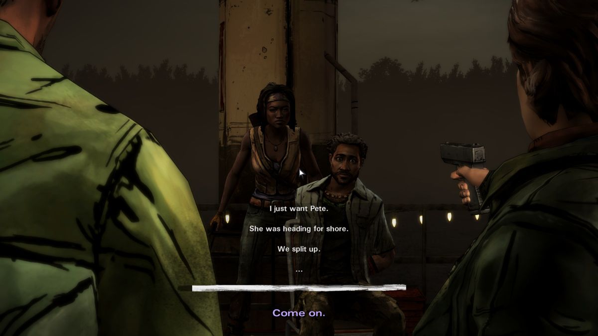 The Walking Dead: Michonne (Windows) screenshot: Episode 2 - Caught while trying to rescue Pete