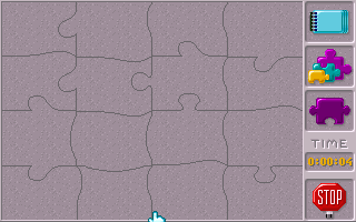 Mickey's Jigsaw Puzzles (DOS) screenshot: The screen broken into 16 pieces