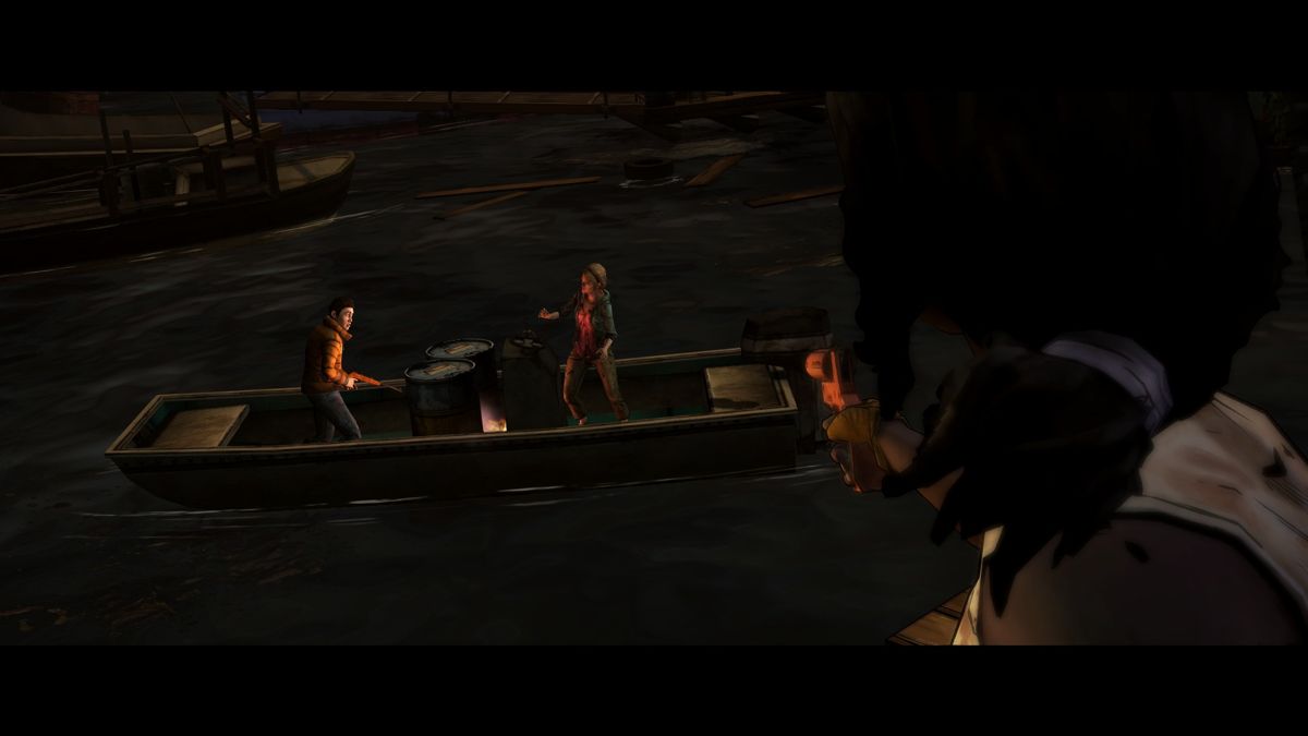 The Walking Dead: Michonne (Windows) screenshot: Episode 2 - Using a flare gun to blow up the fuel barrels