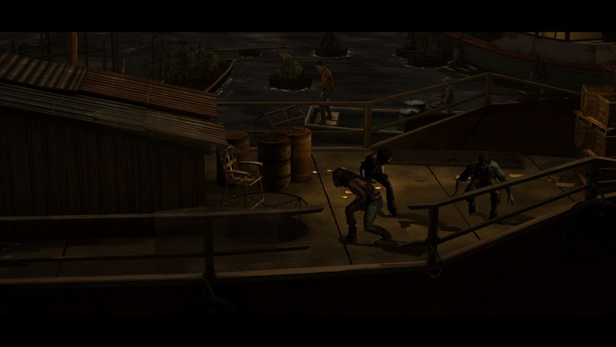 The Walking Dead: Michonne (Windows) screenshot: Episode 2 - The whole camp is on high alert and looking for you