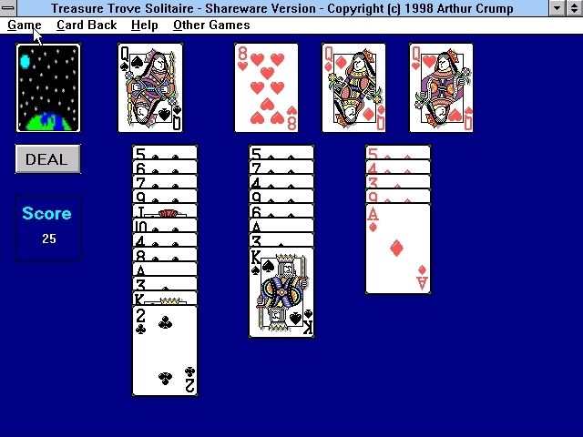 Treasure Trove Solitaire (Windows 16-bit) screenshot: A game in progress. None of these queens can be played because there's no queen in the clubs pile.