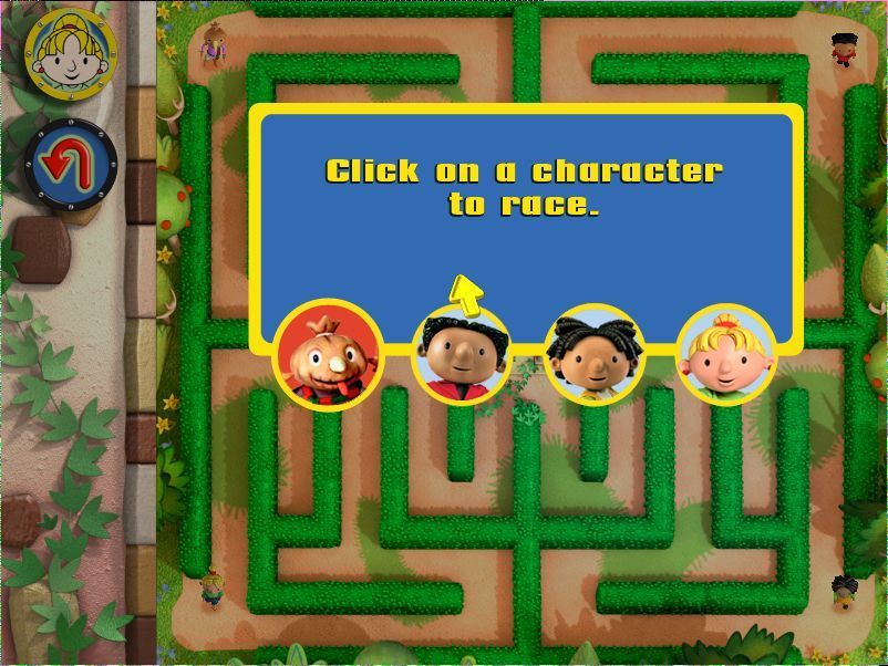 Bob the Builder: Bob's Castle Adventure (Windows) screenshot: Run A Race: The player races against three AI characters to reach the centre of the maze so first they select their character
