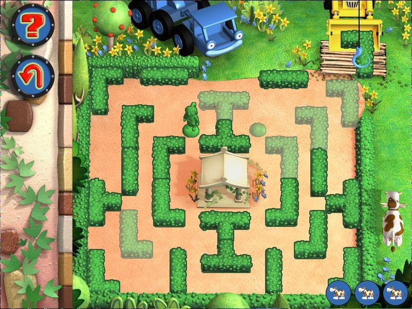 Bob the Builder: Bob's Castle Adventure (Windows) screenshot: Make A Maze: The dump truck delivers pieces in the top right. The player selects the piece by clicking on it and clicks again to position it using the 'shadow shapes' as a guide