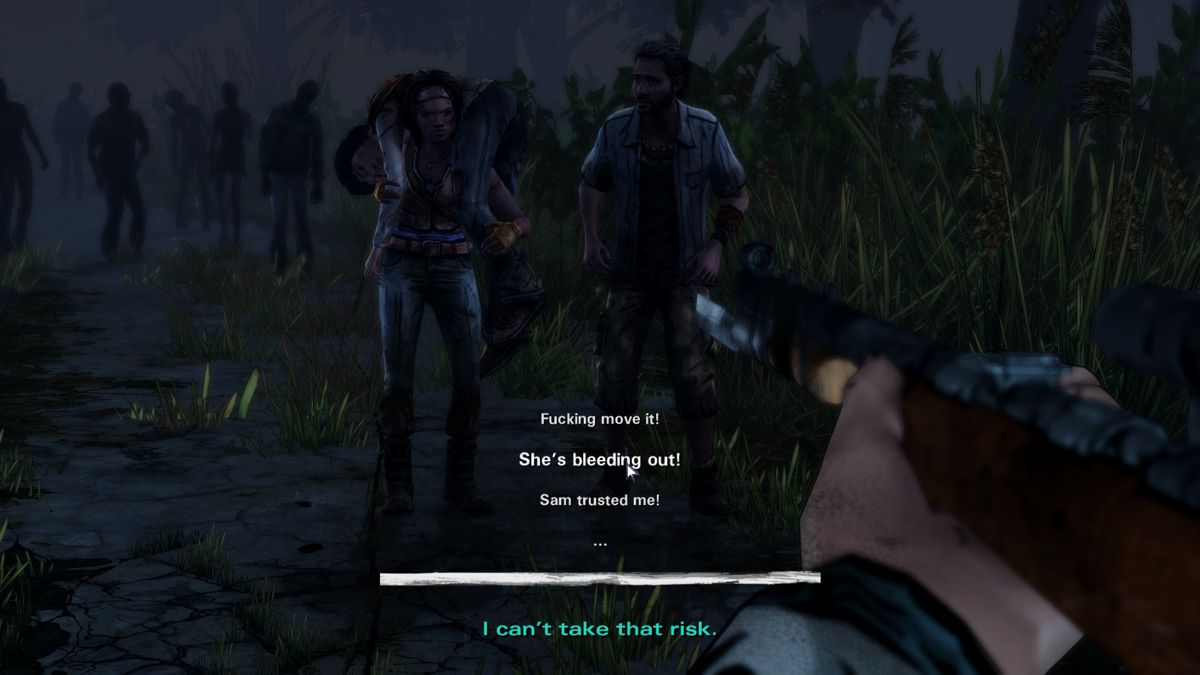 The Walking Dead: Michonne (Windows) screenshot: Episode 2 - This isn't really a good spot for chit-chat