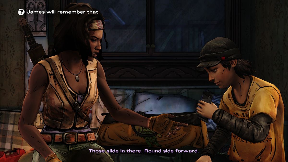 The Walking Dead: Michonne (Windows) screenshot: Episode 3 - Teaching James how to reload a clip