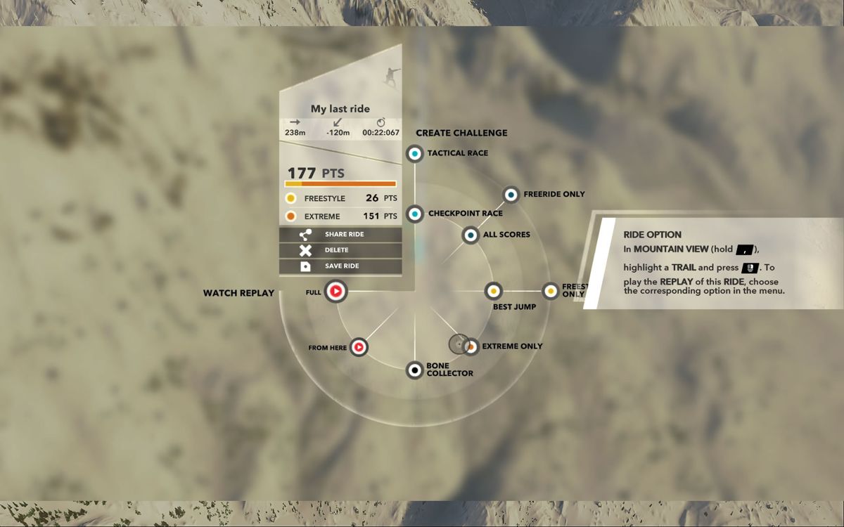 Steep (Windows) screenshot: Check your previous rides to watch a replay or create custom challenges for other players.
