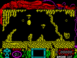 Mutan Zone (ZX Spectrum) screenshot: The game starts here with the spaceman being dropped onto the planet surface. There's a big scanner dish thing above his head that shows a picture in the screen below
