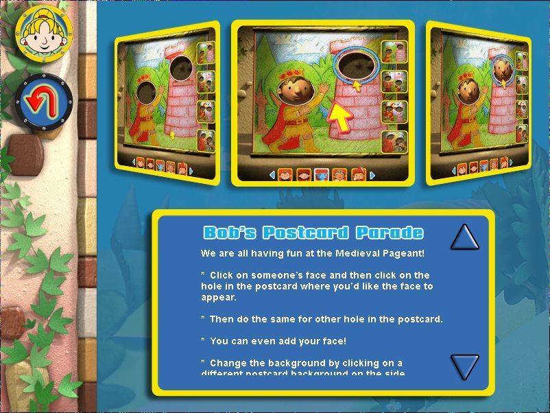 Bob the Builder: Bob's Castle Adventure (Windows) screenshot: Bob's Postcard Parade: Here are four postcards but with holes in them. The player can insert the faces of Bob and his friends