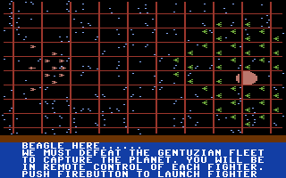 Quest of the Space Beagle (Commodore 64) screenshot: You need to defeat this enemy fleet...