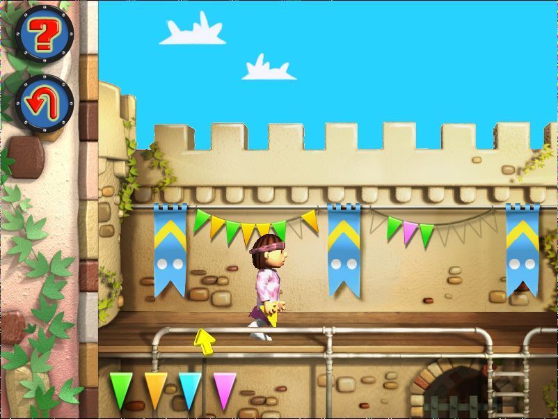 Bob the Builder: Bob's Castle Adventure (Windows) screenshot: Dr Mountfitchett's Flags: In preparation for the pageant bunting is strung from the castle walls but the row of flags is incomplete so the player must complete the pattern