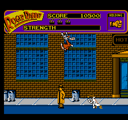 Who Framed Roger Rabbit (NES) screenshot: A weasel closes in on our heroes. Roger leaps to the top of the screen and hangs on.