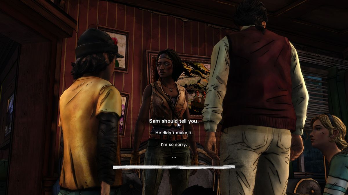 The Walking Dead: Michonne (Windows) screenshot: Episode 2 - Letting Sam tell her father what happened to Greg