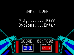 3D Starstrike (ZX Spectrum) screenshot: Game Over! From here pressing FIRE takes the player back to the start of the game retaining the same controller & difficulty settings