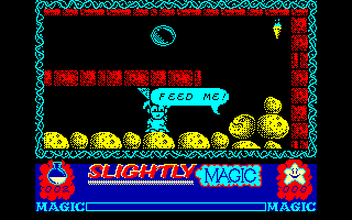 Slightly Magic (Amstrad CPC) screenshot: You need to feed a rock(!).
