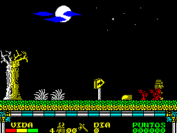 Drakkar (ZX Spectrum) screenshot: The game starts here. Erik is the little yellow man with the big nose on the right. He can move to the left but no further than the tree