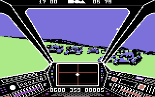 Skyfox (Commodore 64) screenshot: Yikes, a plethora of tanks!