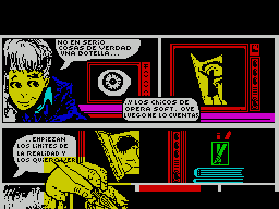 MOT (ZX Spectrum) screenshot: The load screen clears and a hand starts to draw a comic strip. The screen scrolls upwards as it does so