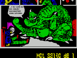 MOT (ZX Spectrum) screenshot: The hand hen draws MOT before disappearing and text scrolls along the bottom of the screen while music plays