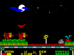 Drakkar (ZX Spectrum) screenshot: Screen 3 : Colour bleed is quite bad here. Erik is walking into the red patch on the left. The owls seem to be just part of the scenery. The bats must be killed